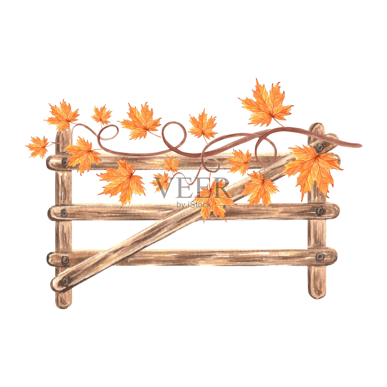 木篱笆上的枫叶枝和落叶。秋天质朴的构图。手绘水彩插图孤立。感恩节剪贴画。盖特乡间别墅。模板卡片，贴纸，打印。插画图片素材