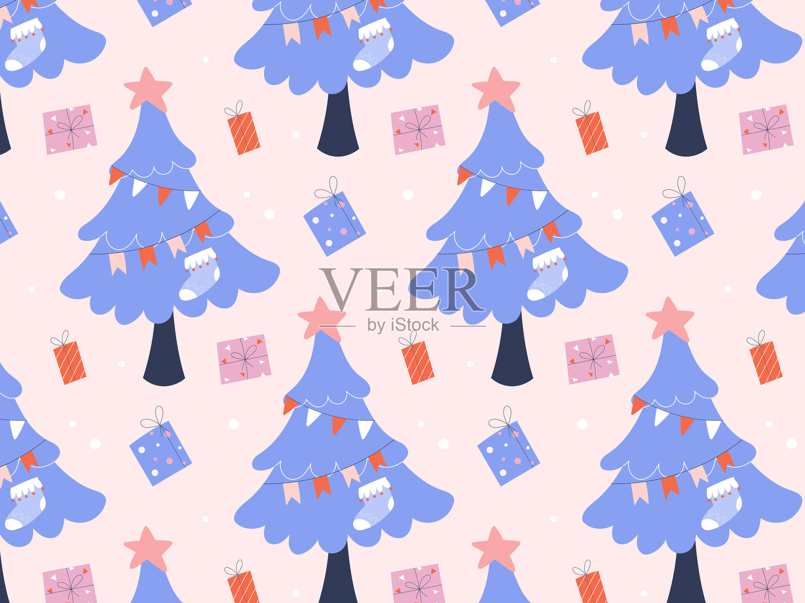 无缝图案装饰圣诞树用礼物，圣诞装饰设计插画图片素材