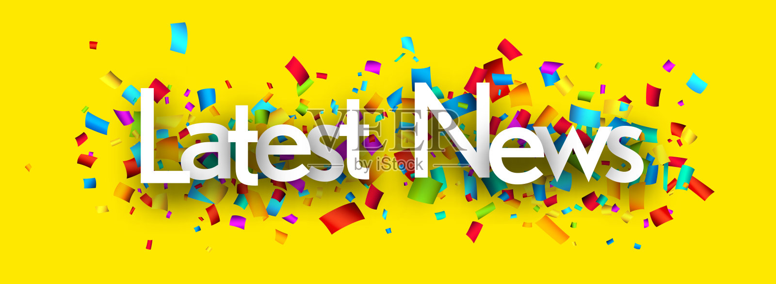 最新的新闻标志与彩色切割彩带纸屑在黄色的背景。插画图片素材