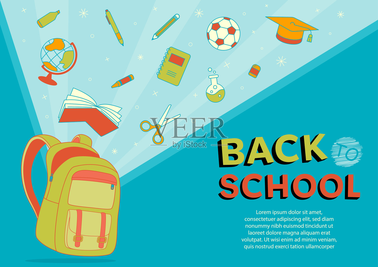 回到学校主题蓝色背景和丰富多彩的文具用品元素矢量插图插画图片素材
