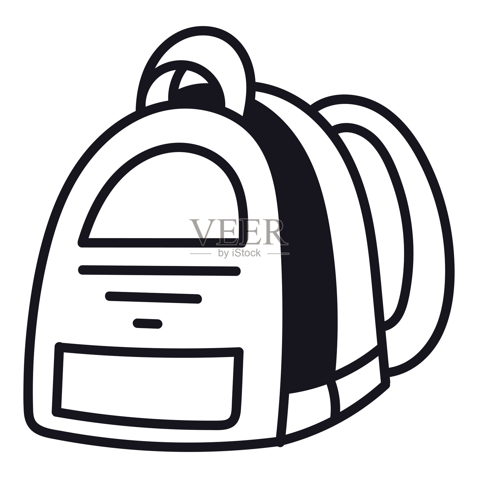 可爱的涂鸦儿童书包。回到学校的背包里装满了学习用品。轮廓手绘双肩包的儿童，学生。孤立的幼稚插图插画图片素材