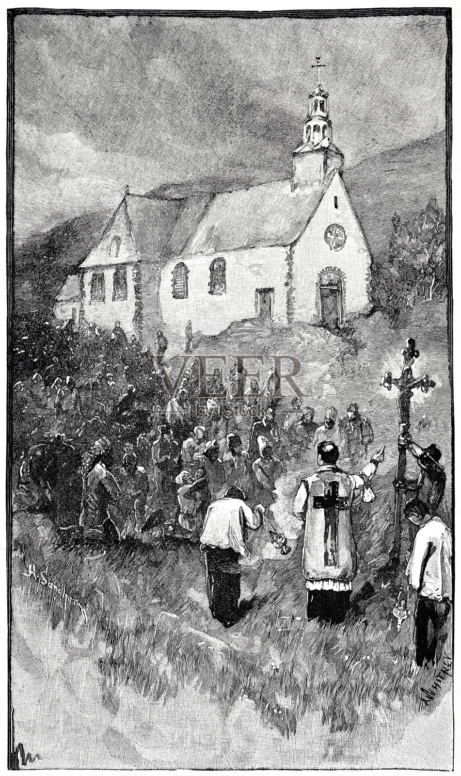 古老的教堂，前景是朝圣插画图片素材