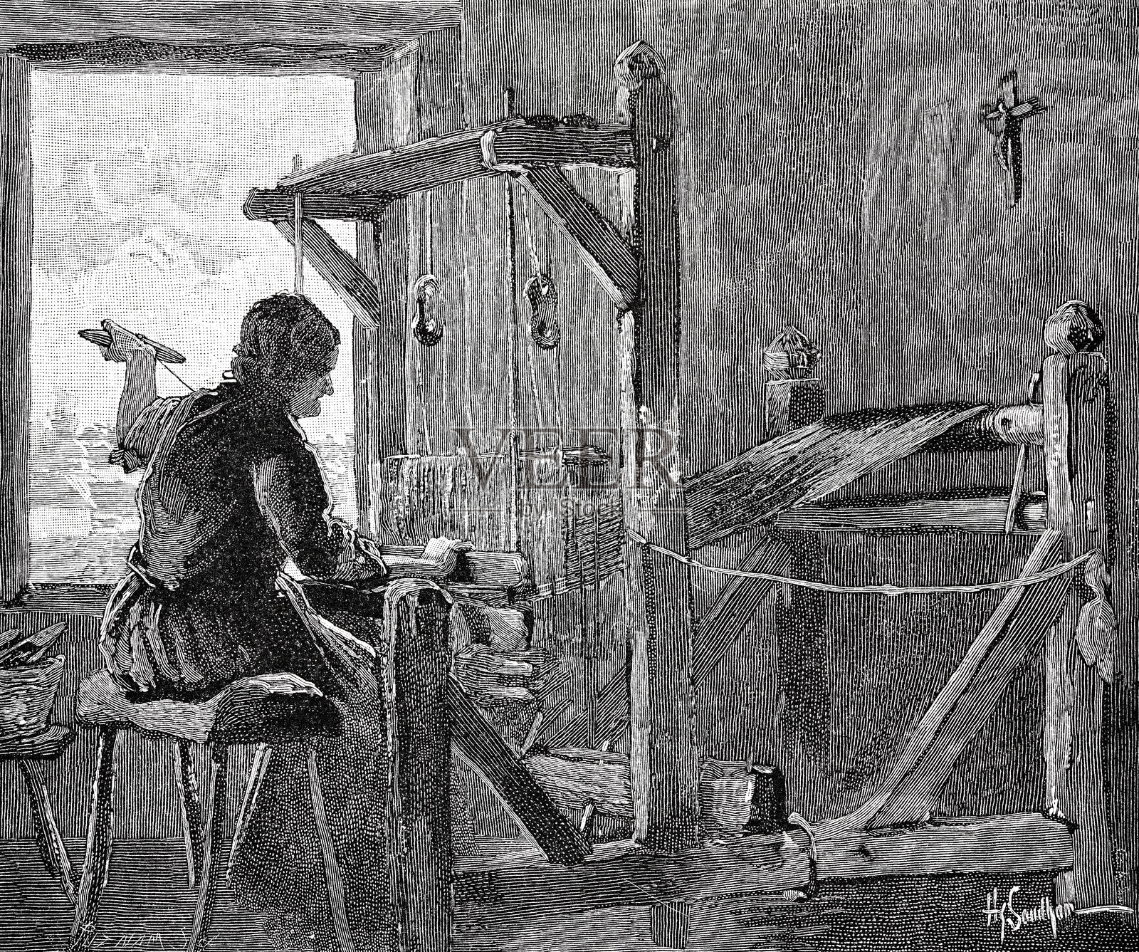 一位加拿大内地人，在织布机上工作的妇女插画图片素材