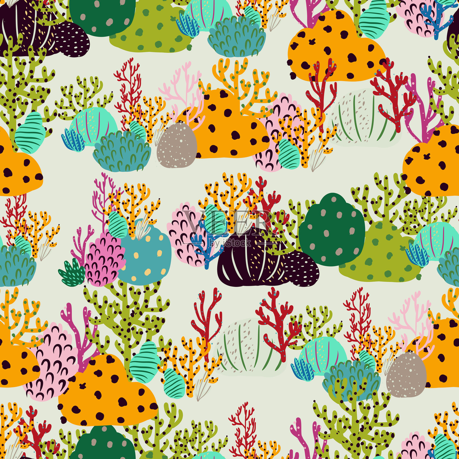 扁平的彩色珊瑚的无缝图案。向量打印插画图片素材