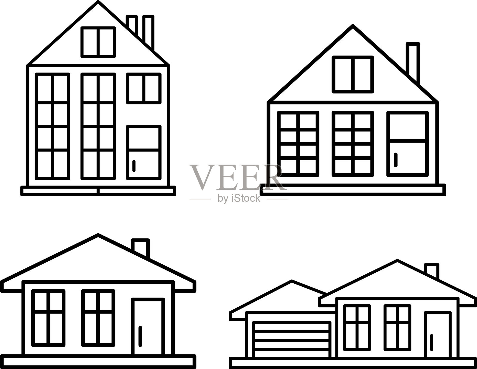 建筑物、房屋和房屋细线图标。向量插画图片素材