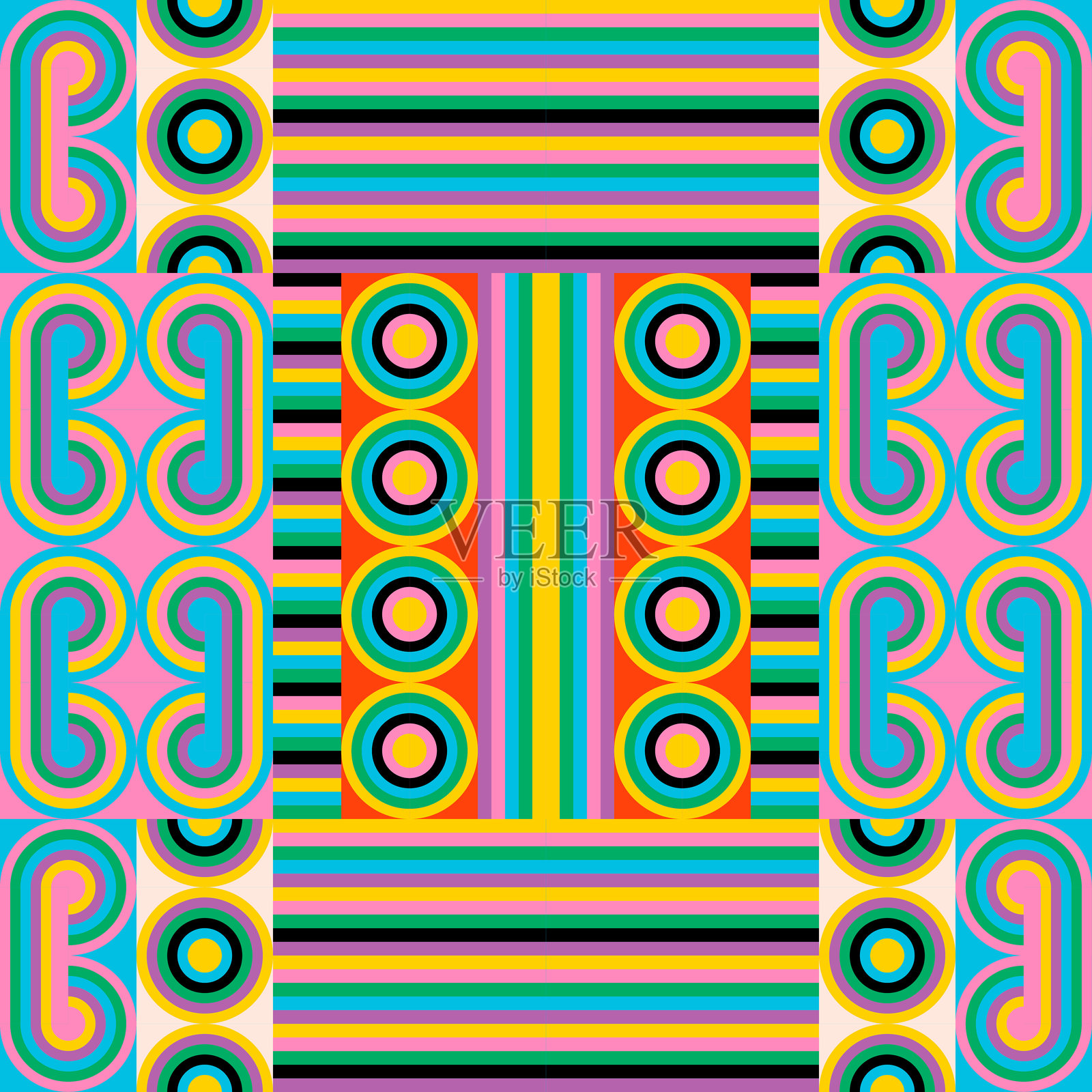 色彩和对称创造了一个丰富多彩的万花筒无缝图案插画图片素材