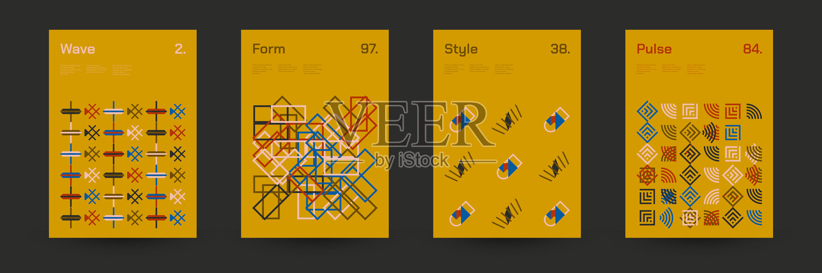 多样的几何图案:广泛的对称几何形状和重复形式。抽象马赛克海报背景。插画图片素材
