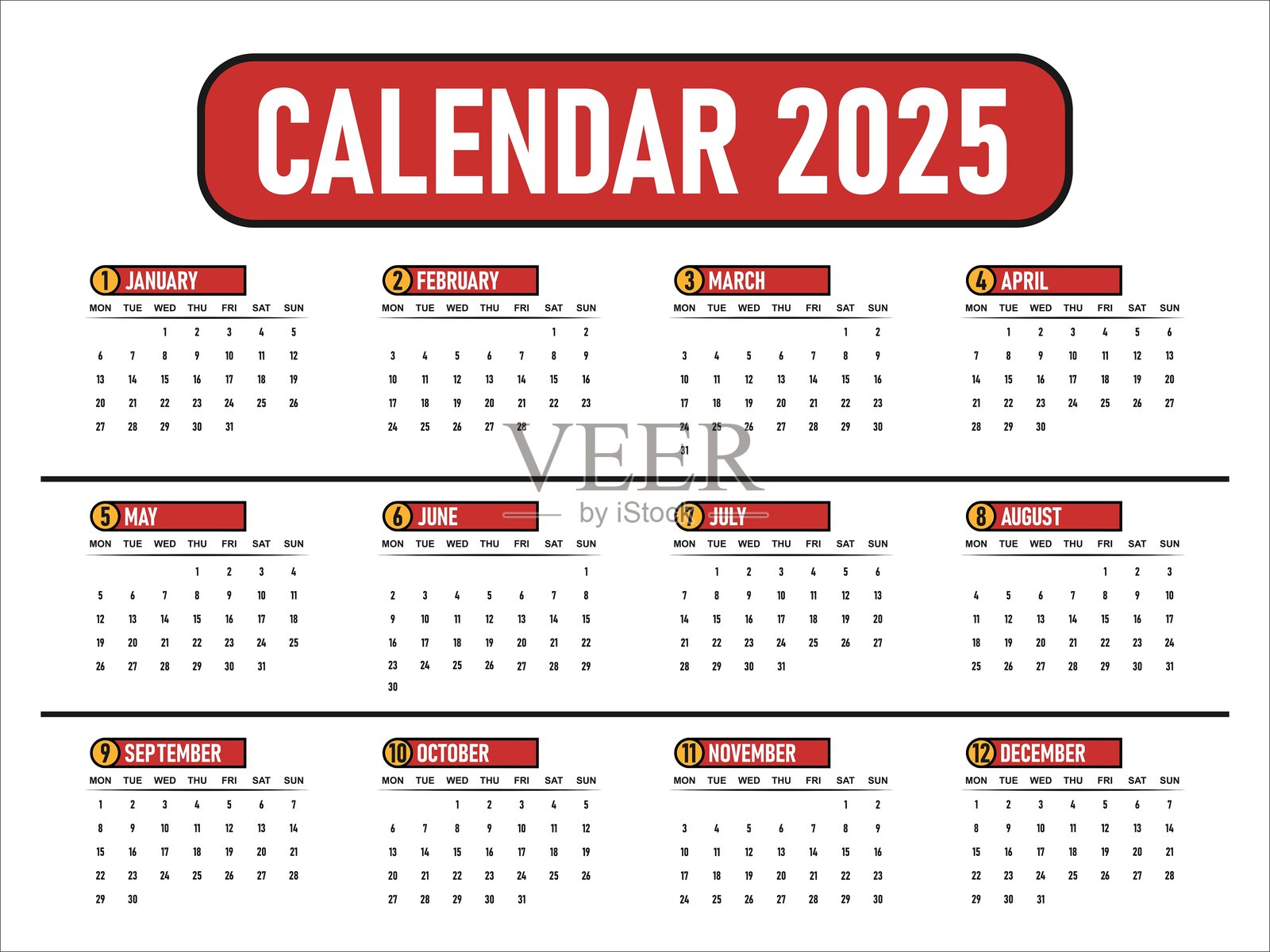 2025日历模板，日历2025设计矢量，独特的设计布局，周开始周日，墙日历2025，矢量eps 10插画图片素材