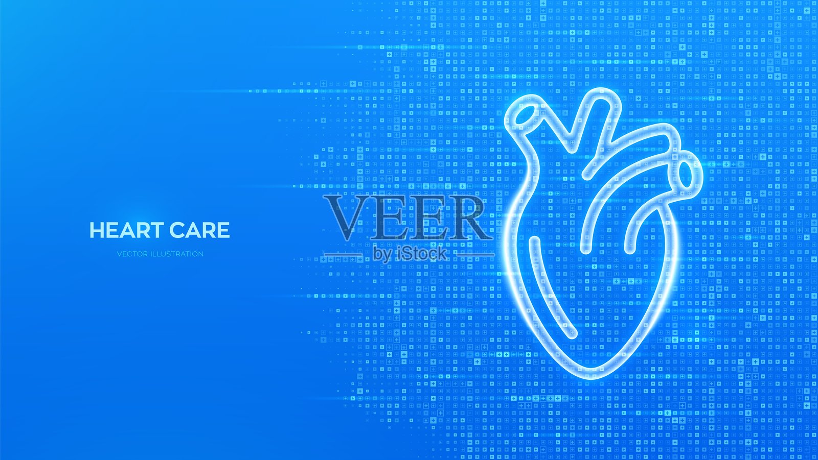 心的图标。心脏病学的概念。人类心脏解剖器官。医疗保健。治疗心脏病。世界卫生日。蓝色医学背景与十字形状符号。矢量插图。插画图片素材