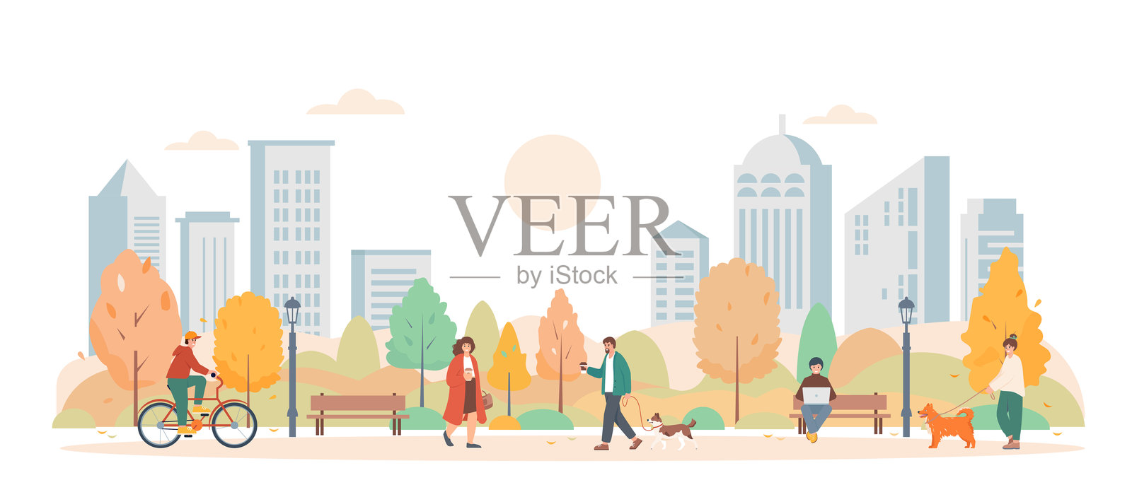 快乐的人们在秋天的城市公园。男女遛狗、骑自行车、在户外工作。城市的秋天。插画图片素材