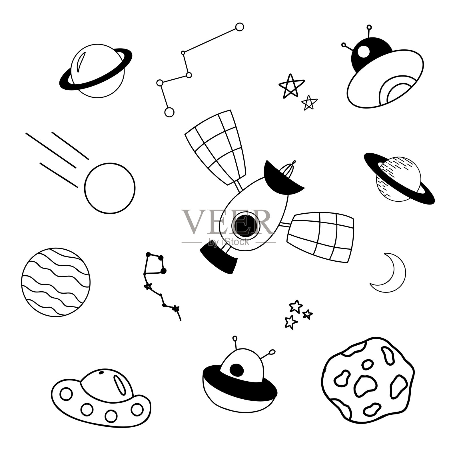 一组空间图标矢量插图在大纲风格的网页，登陆页，贴纸和背景。卫星，陨石，火箭，行星。EPS10插画图片素材