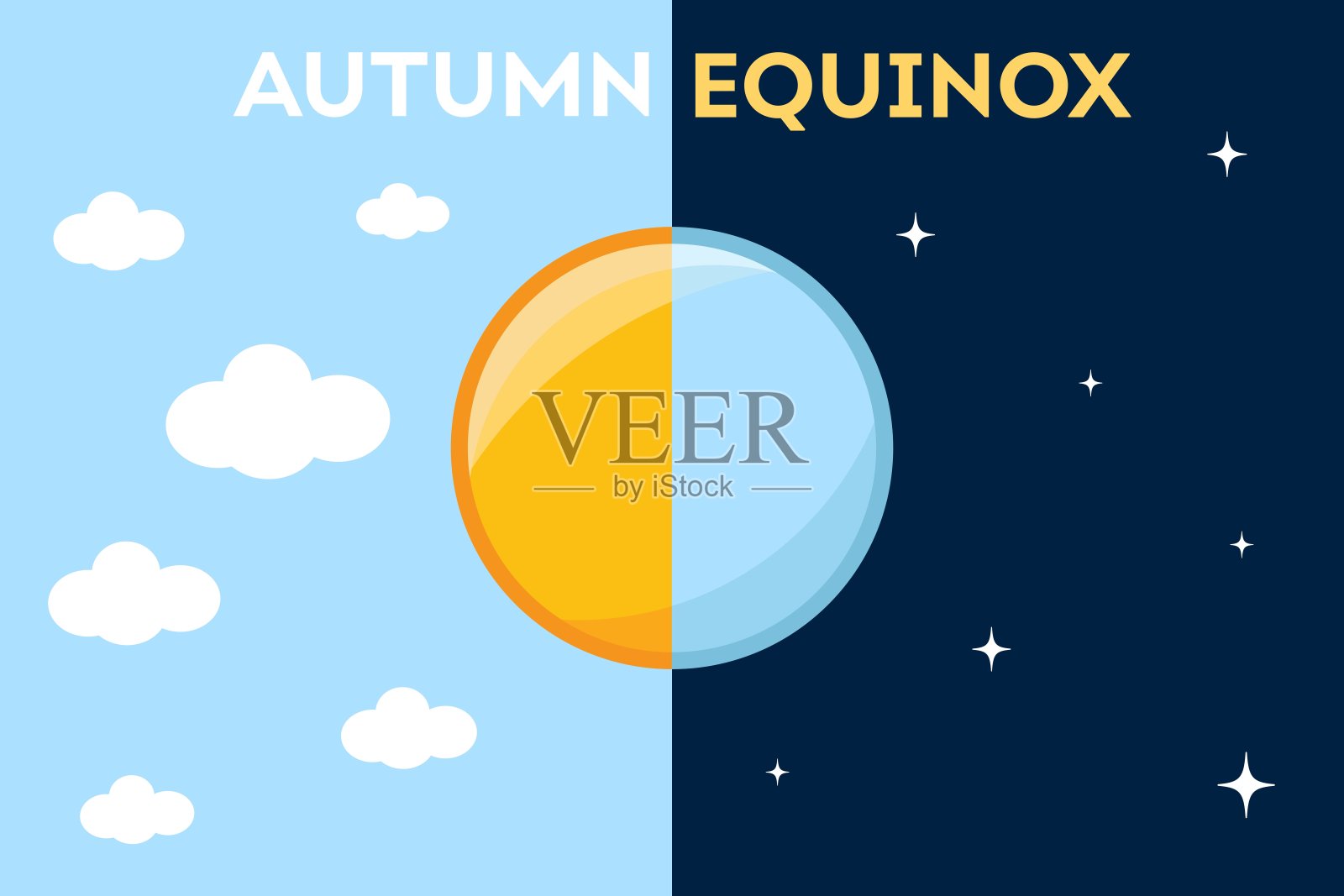 秋分。太阳和月亮，等于白天和黑夜。立秋，晴云，星夜。现代矢量插图与文本。插画图片素材