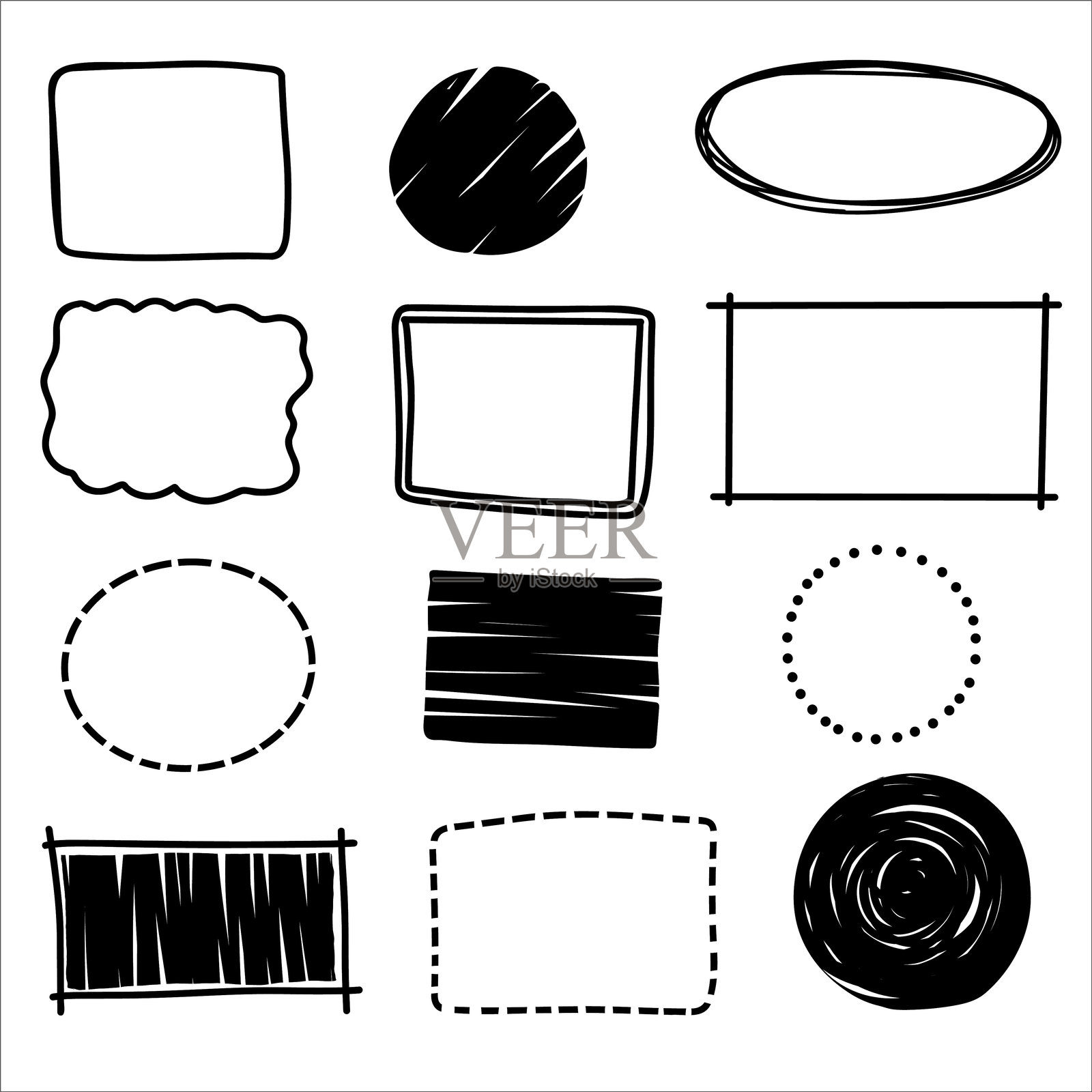 手绘涂鸦黑色框架集。方框、方形、矩形、圆形等形状的毛笔线条笔画元素潦草。手绘简单的椭圆形，方形框架文本边框。矢量图插画图片素材