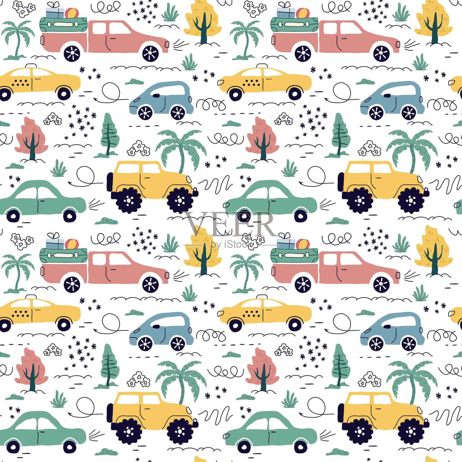 房屋，树木，汽车的无缝模式。平面设计，卡通风格。一个时尚的手绘插图。用于印刷，纸张，儿童壁纸。艺术矢量插图。插画图片素材