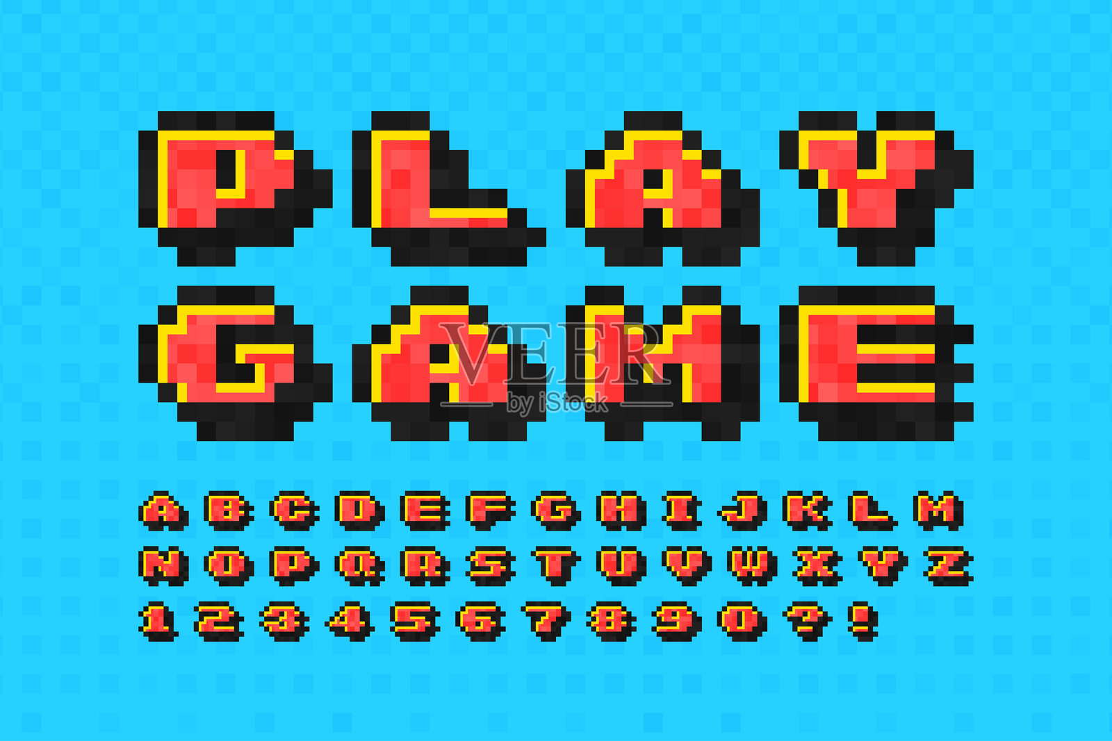 像素矢量字母设计，类似于8位游戏。高对比度和锐利，复古未来主义。插画图片素材