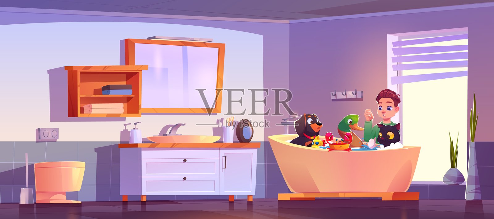 男孩在浴室里洗宠物和玩具插画图片素材