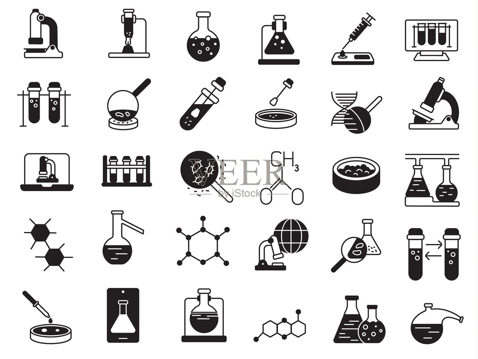 科学和实验室设备图标集-化学，生物学和研究符号插画图片素材