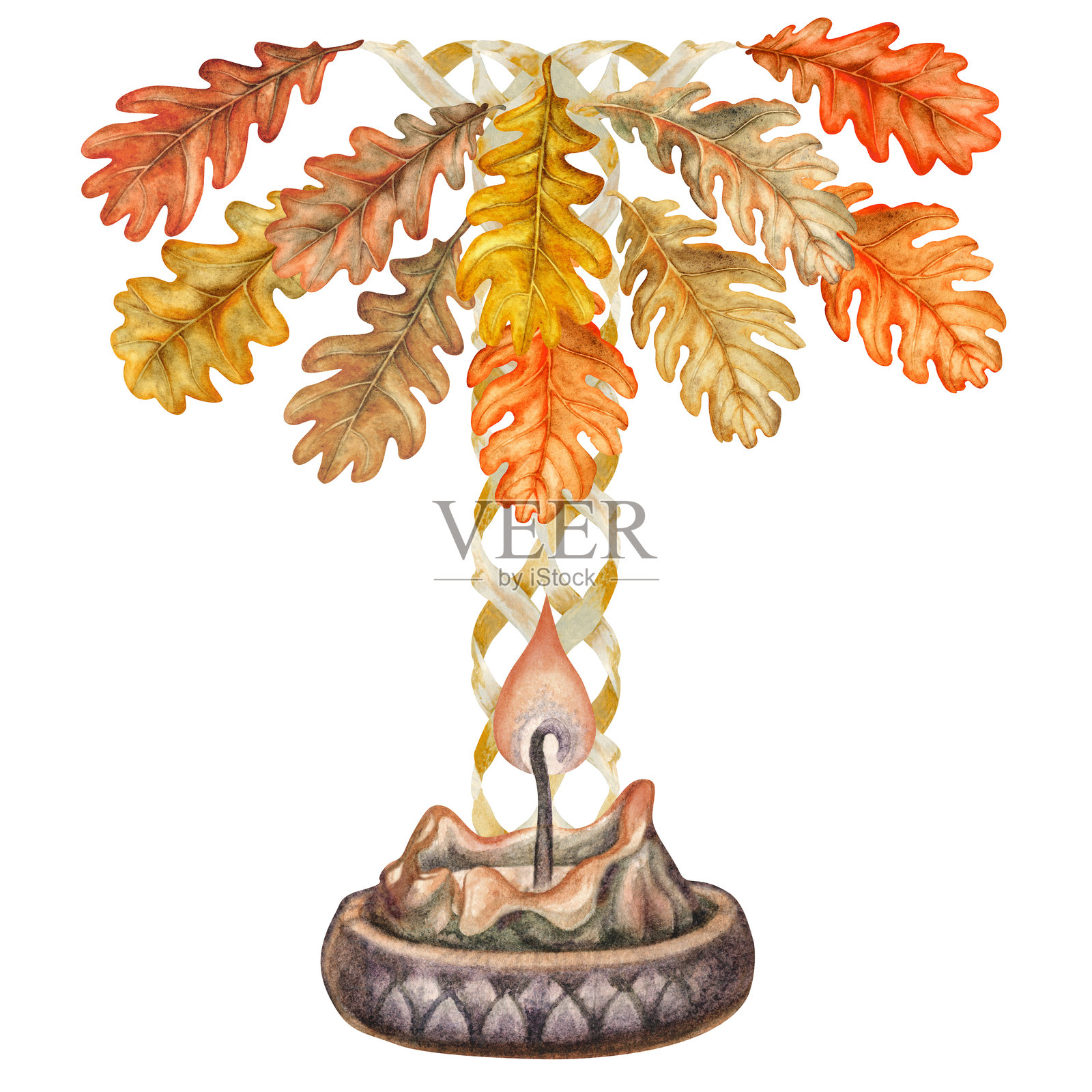 秋天桔黄色的橡树叶、花瓶、蜡烛、稻草工艺品点缀。垂直明信片模板与水彩插图。质地天然的树叶，橡子为丰收的节日，感恩节，万圣节插画图片素材