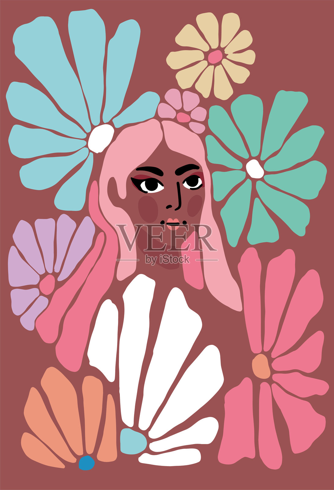 插图肖像的女人与鲜艳多彩的花朵插画图片素材