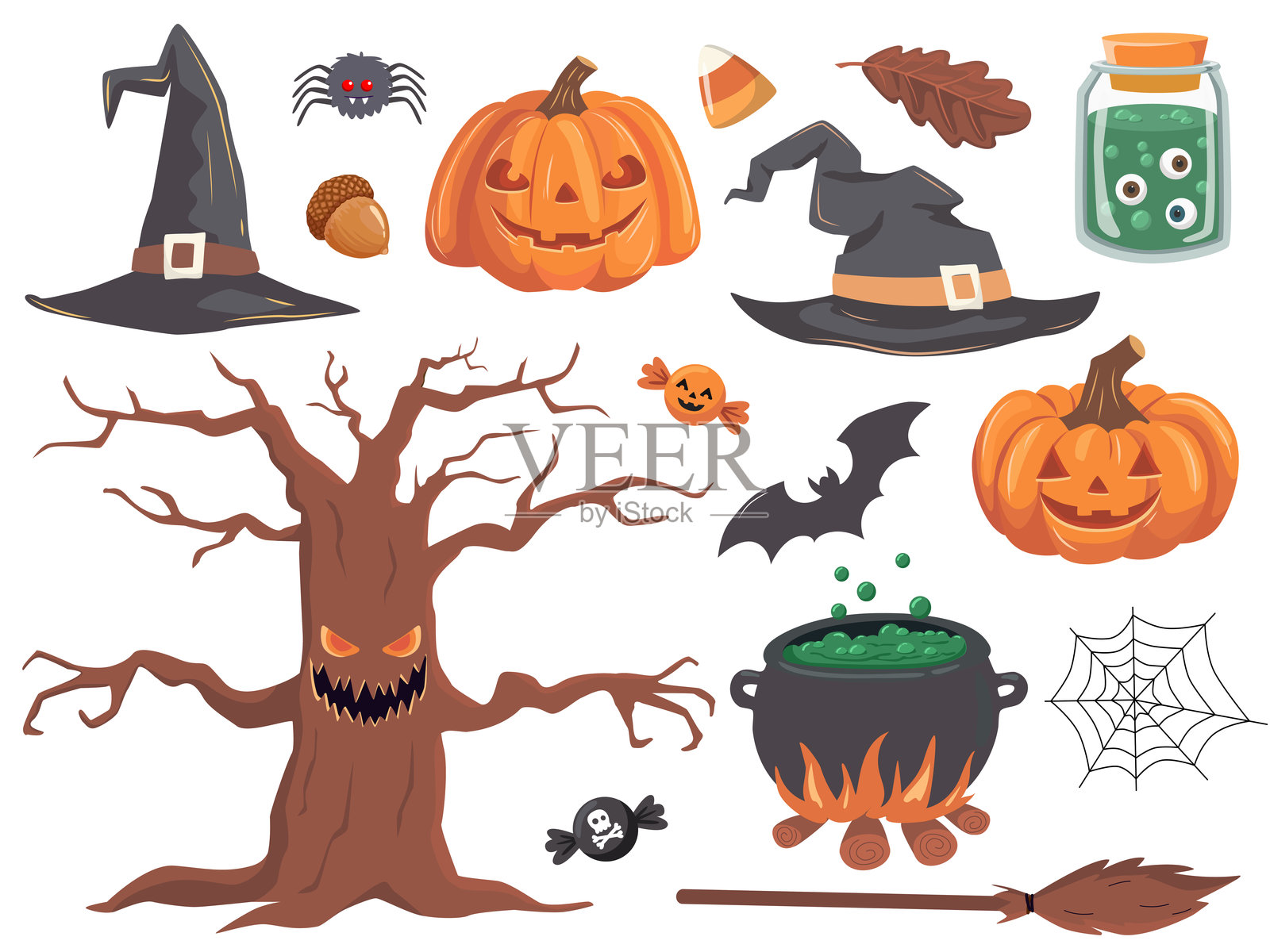 设置矢量插图古怪有趣的万圣节恶作剧或治疗设计元素，如蝙蝠，南瓜，和更多。插画图片素材
