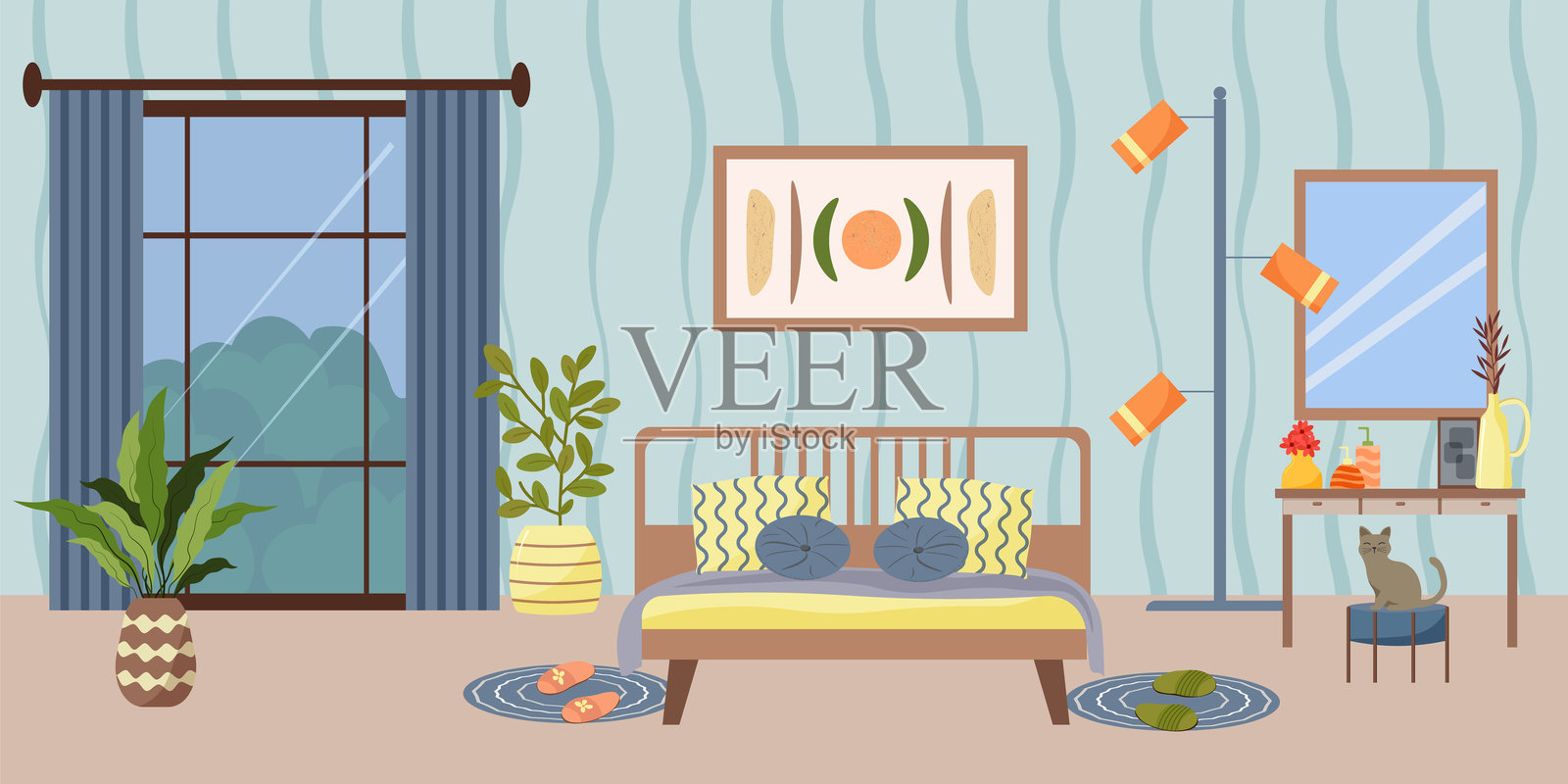 卧室内部有一张床和一个大窗户。地毯和拖鞋。有镜子的梳妆台。落地灯和坐着的猫。插画图片素材