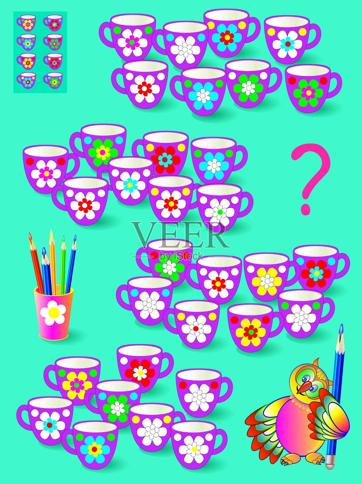 逻辑益智游戏。需要油漆白色的地方，所以所有的杯子集将是相同的。上色工作表。矢量卡通图像。插画图片素材