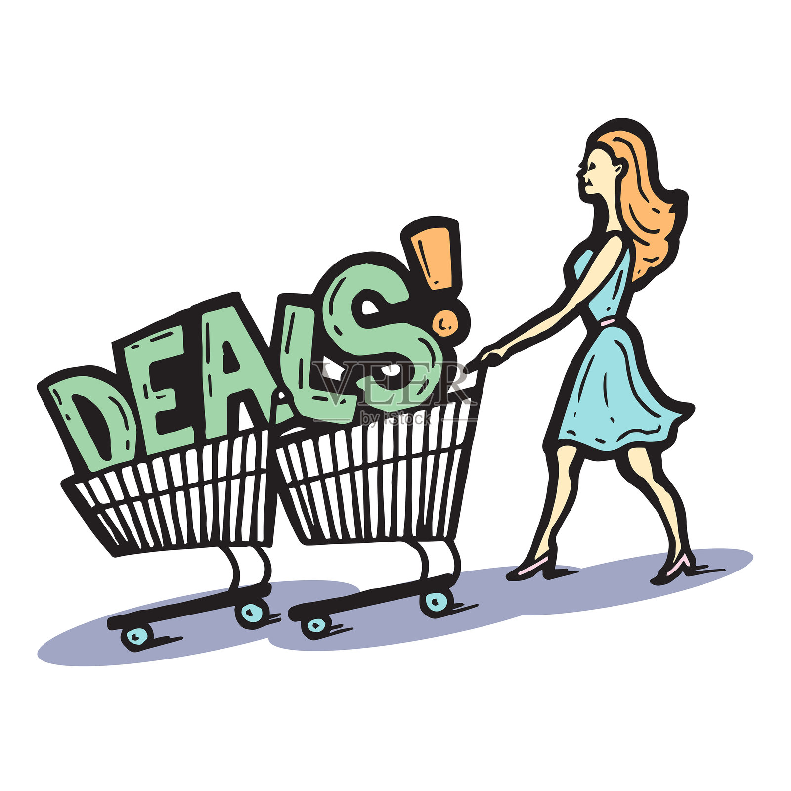 买便宜货的女人推着装满便宜货的购物车插画图片素材