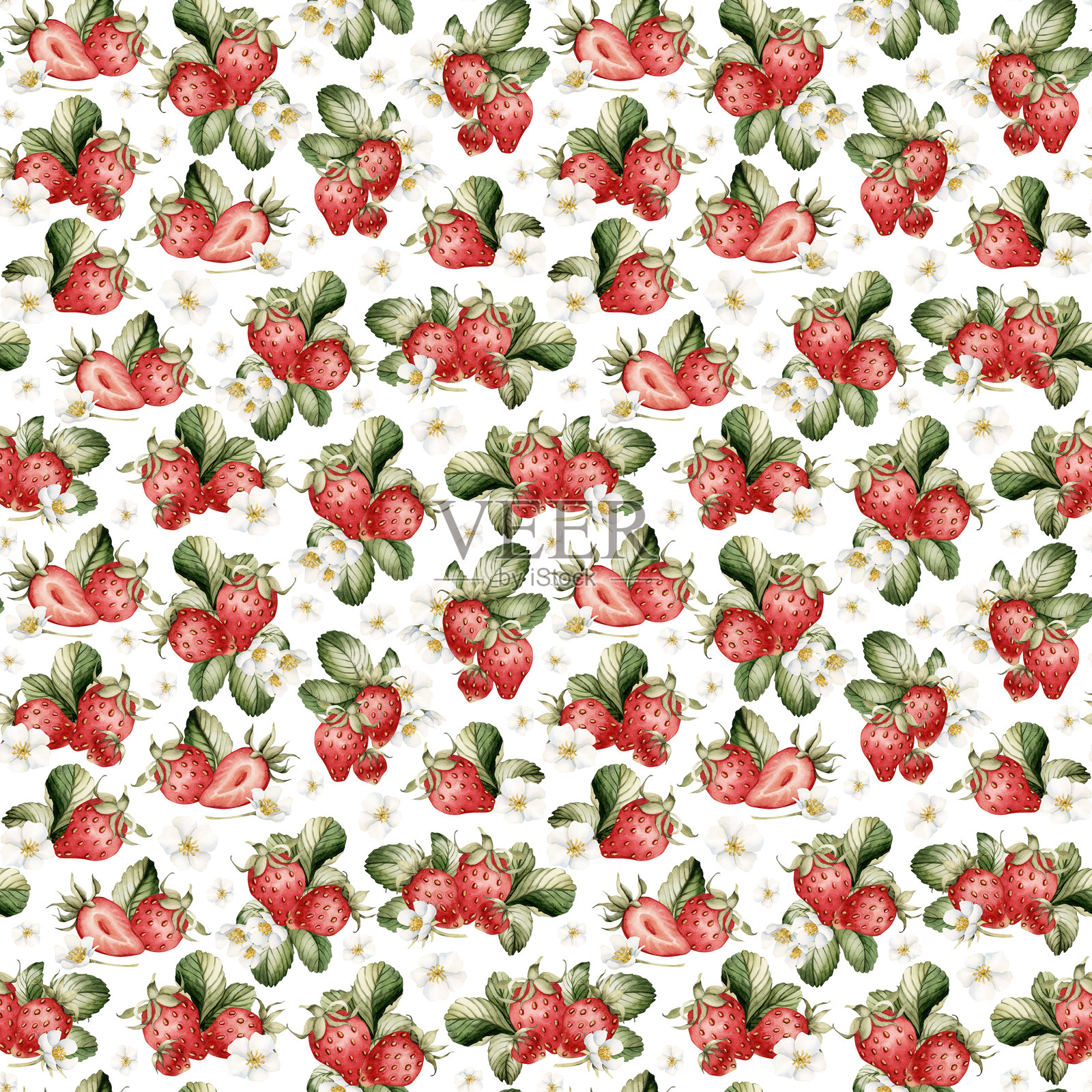 草莓，成熟的浆果，有花有叶。水彩插图，花无缝图案在白色的背景插画图片素材