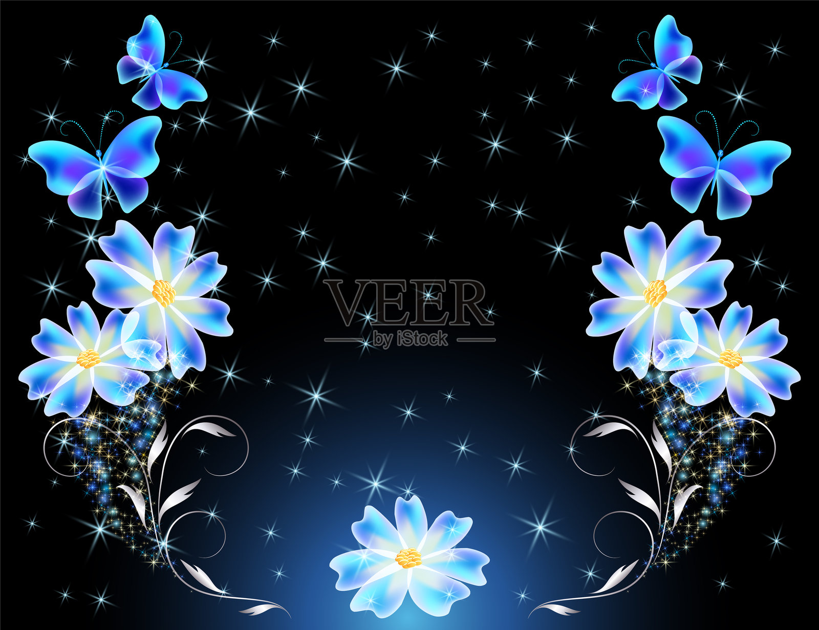童话般的夜空与花朵框架和神奇的蓝色蝴蝶和花卉装饰和星星。梦幻闪耀的背景。插画图片素材