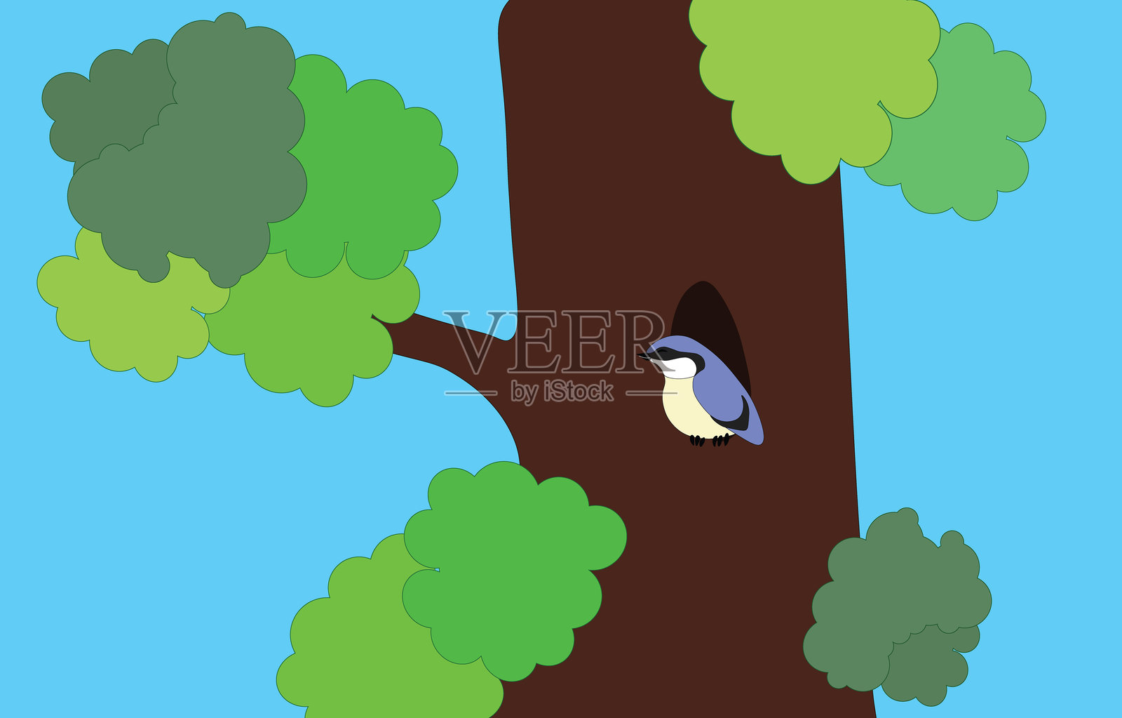 一只山雀栖息在树洞里插画图片素材