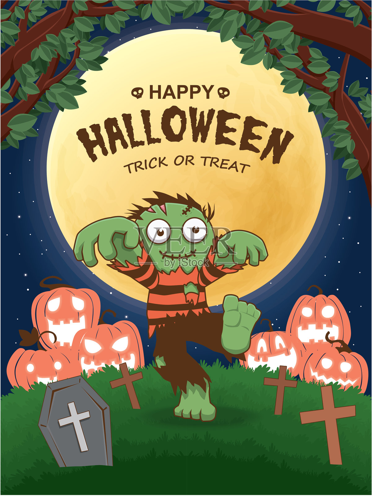 复古的万圣节海报设计与矢量僵尸，杰克o灯笼字符。插画图片素材