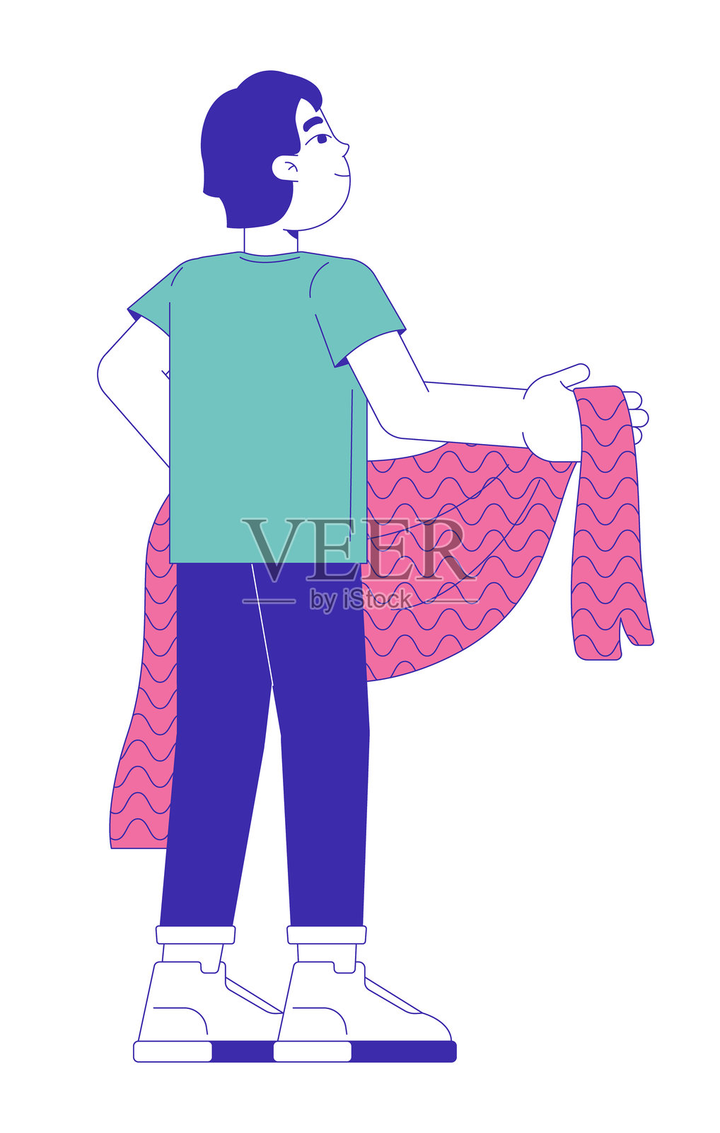 亚洲小男孩拿着毯子的2D卡通人物插画图片素材