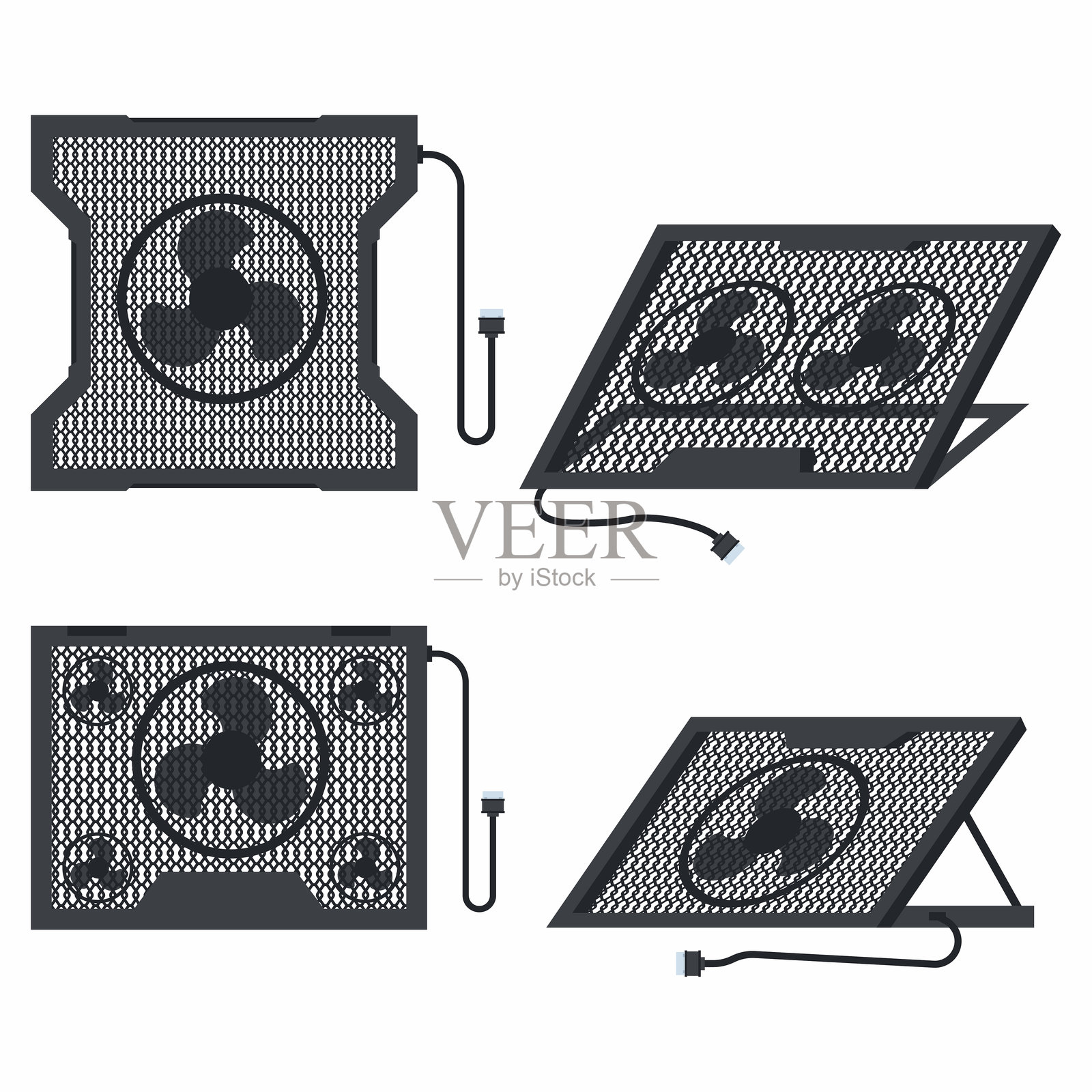 笔记本电脑冷却垫矢量卡通集隔离在一个白色的背景。插画图片素材