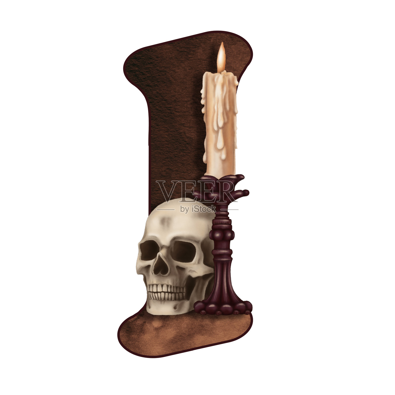 字母I万圣节涂鸦插图骷髅和蜡烛在卡通风格。手绘深棕色字母。孤立的图纸完美的秋天字体图形和怪异的季节卡设计。插画图片素材