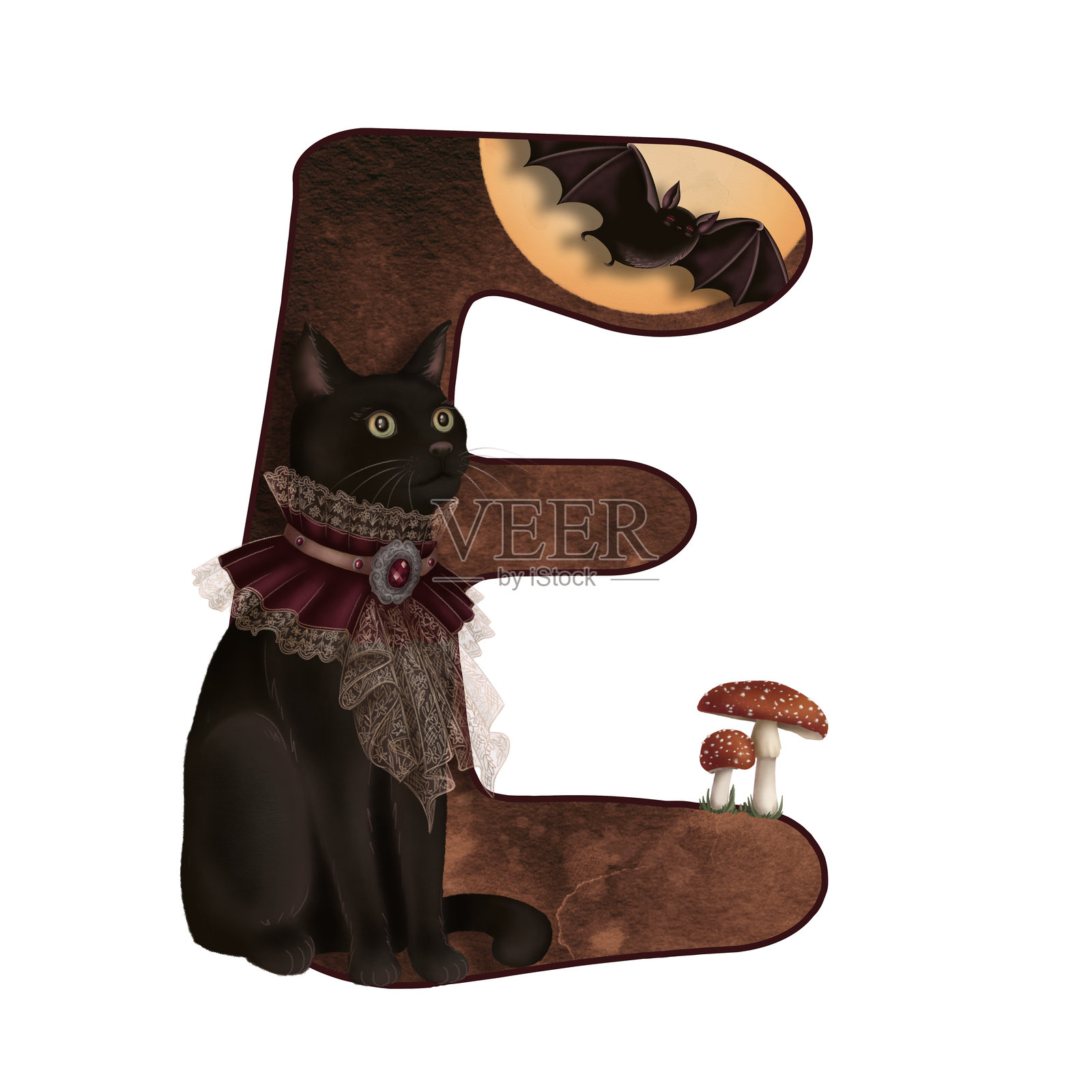 字母E万圣节涂鸦插图与黑猫和蝙蝠在卡通风格。手绘深棕色字母。孤立的图纸完美的秋天字体图形和怪异的季节卡设计。插画图片素材