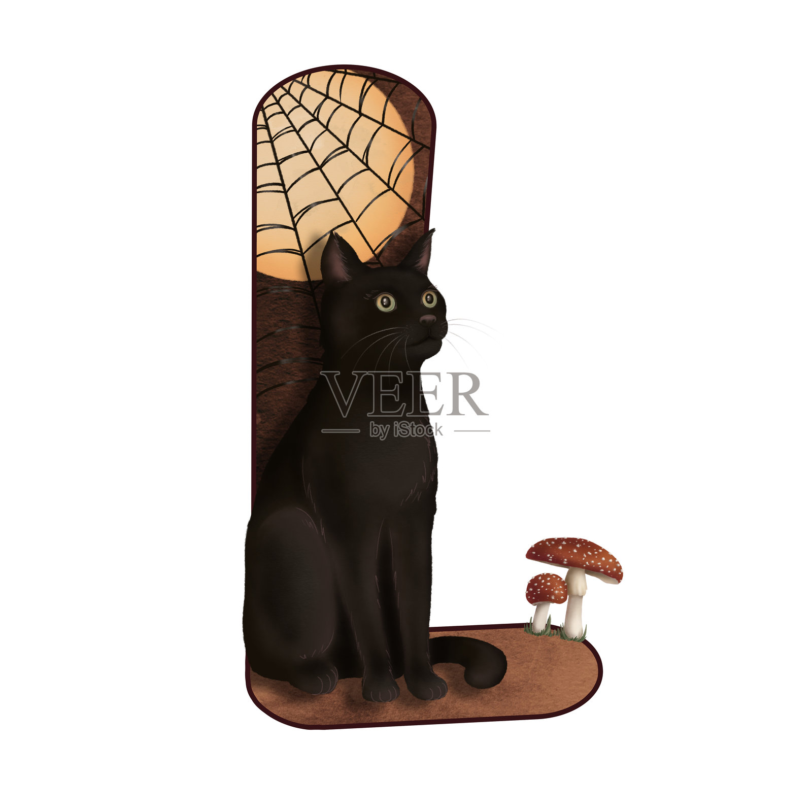 字母L万圣节涂鸦插图与黑猫在卡通风格。手绘深棕色字母。孤立的图纸完美的秋天字体图形和怪异的季节卡设计。插画图片素材