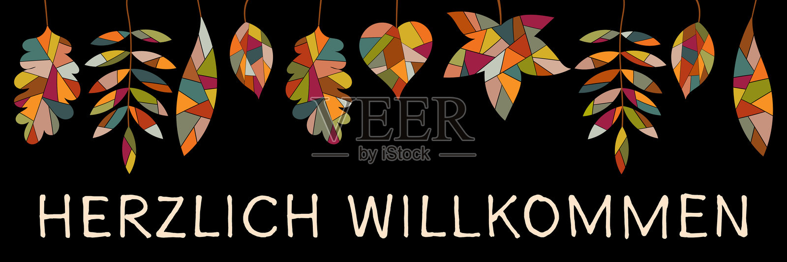 Herzlich Willkommen -德文文本-热烈欢迎。黑色背景上有彩色树叶的横幅。插画图片素材