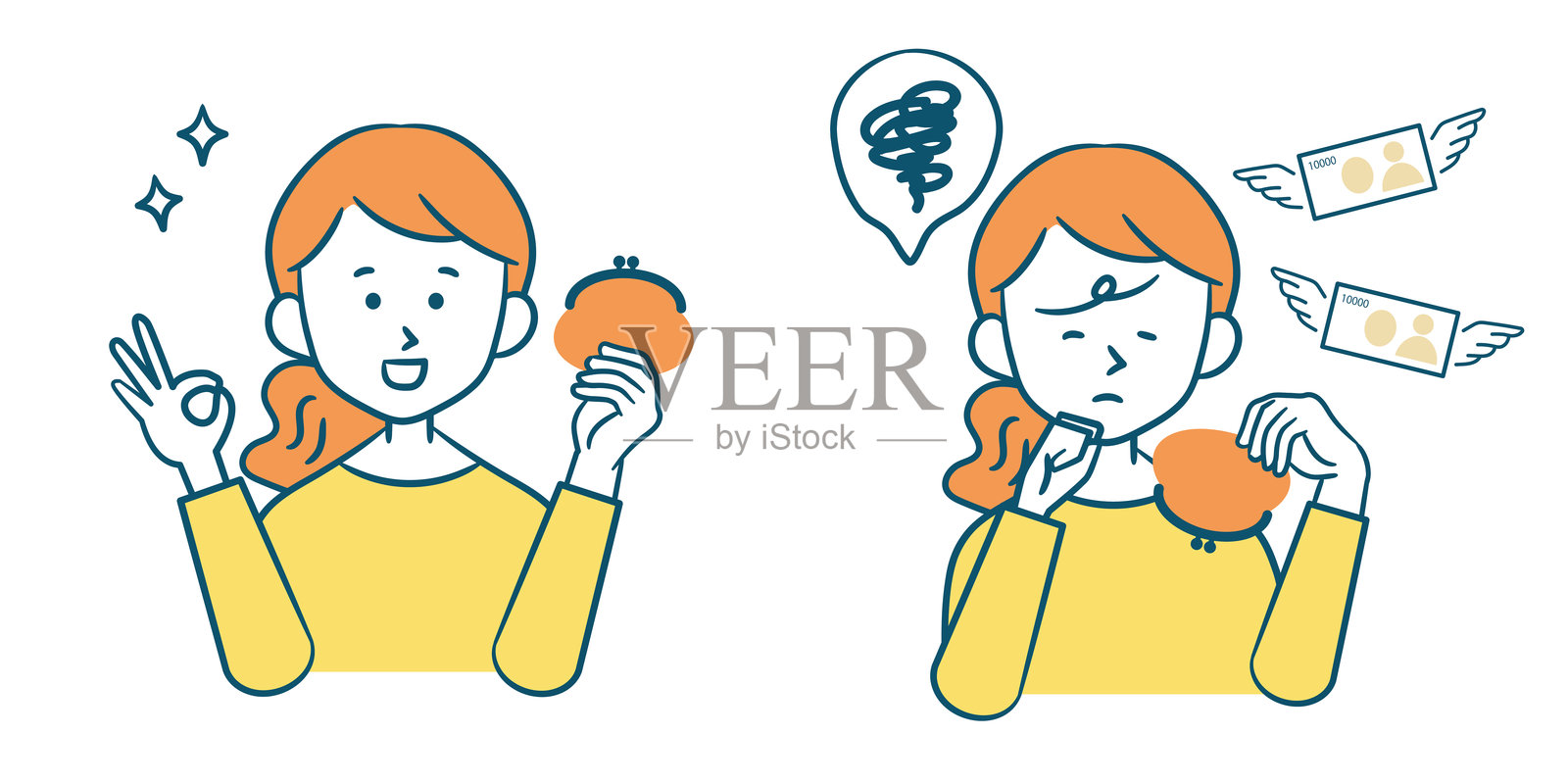 女人微笑着签了OK，手里拿着钱包_女人对钱包空了感到失望插画图片素材