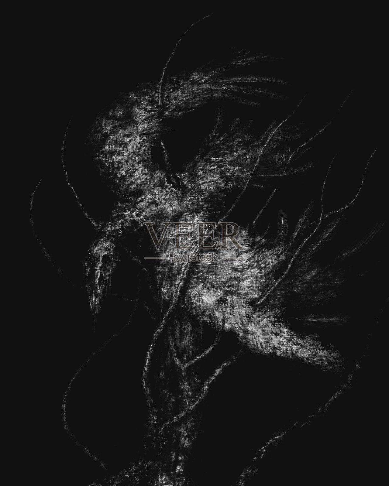 死鸟缠在树枝上，黑暗恐怖的插图插画图片素材