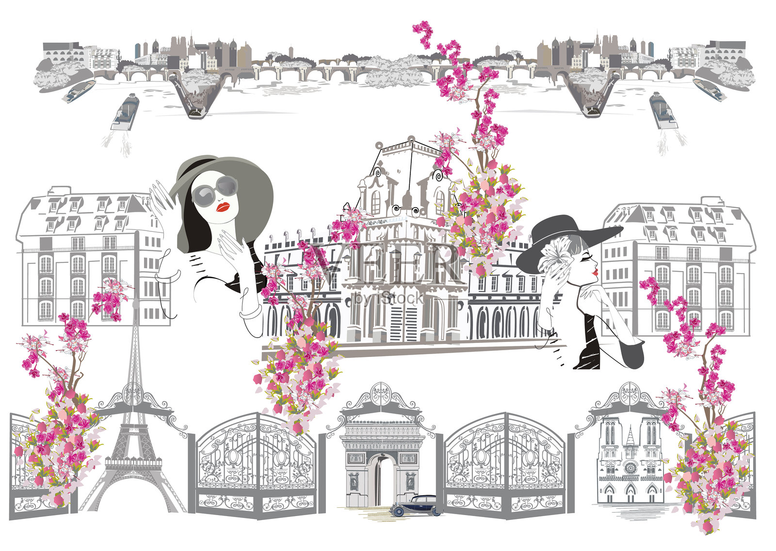 一套巴黎符号，埃菲尔铁塔，戴着帽子的时尚女孩，建筑元素。插画图片素材