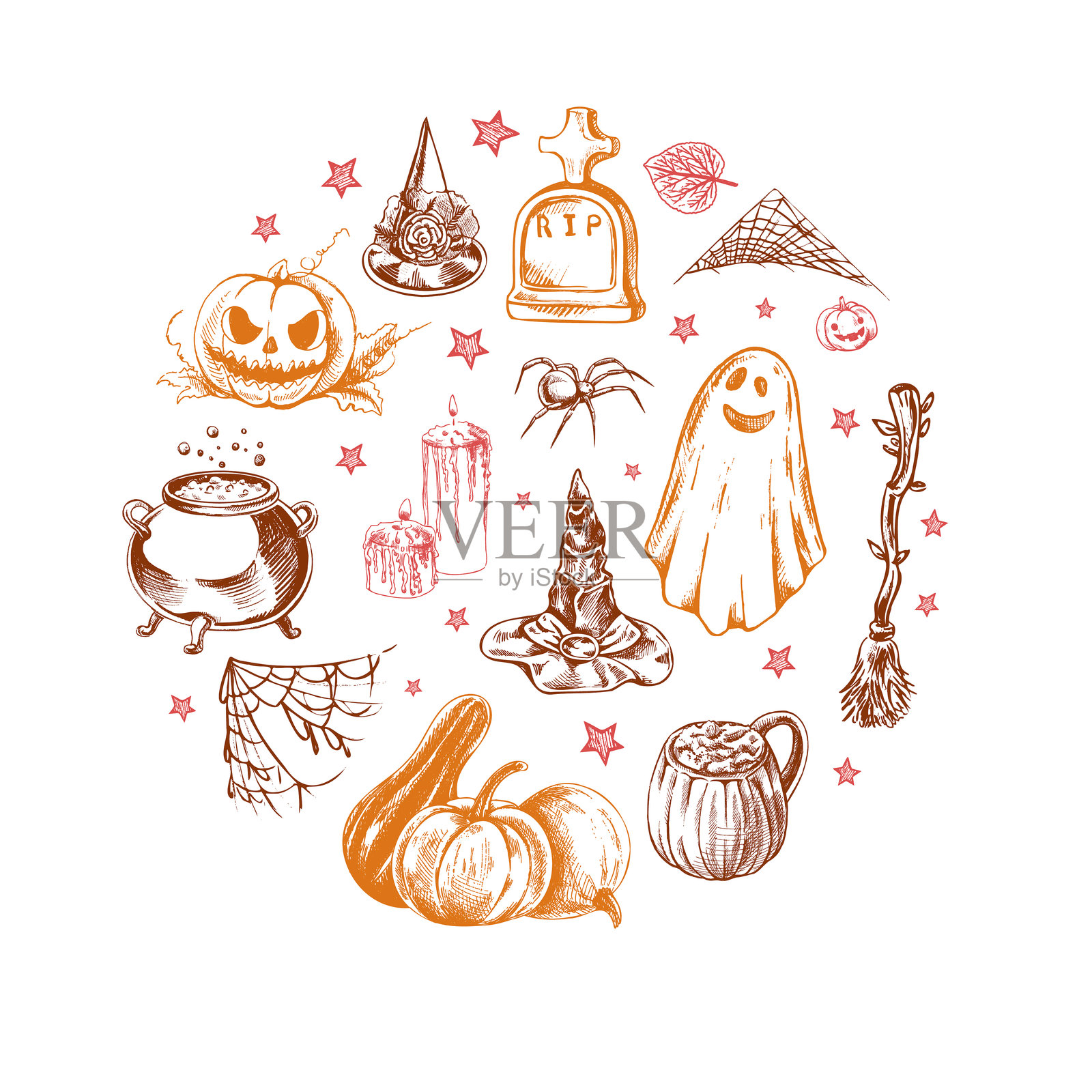 一套万圣节元素的素描风格。鬼的设计，令人毛骨悚然的和怪异的元素万圣节装饰圈，素描，图标。手绘矢量隔离在白色背景。插画图片素材