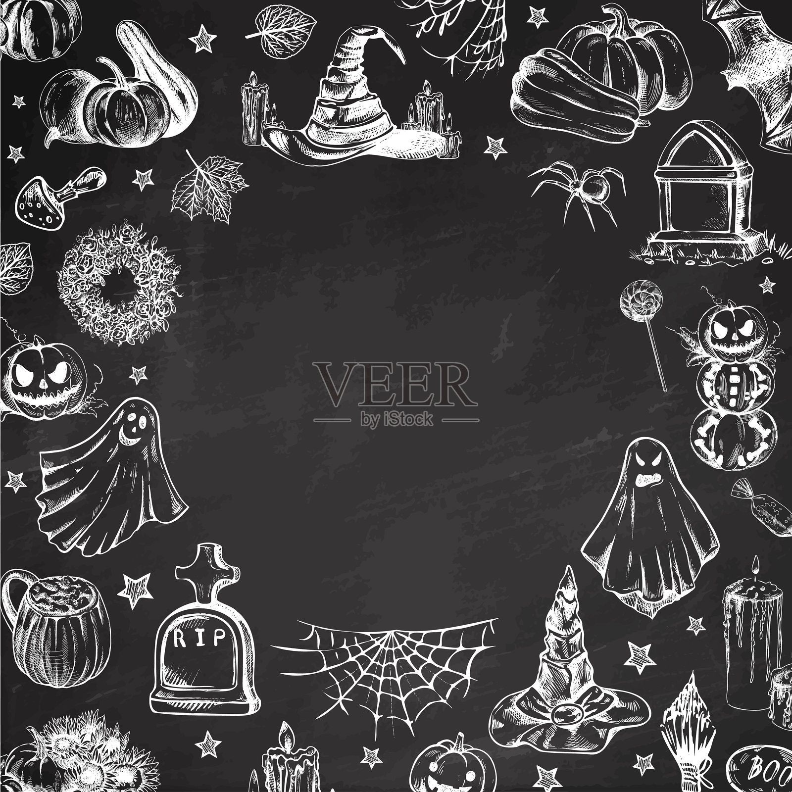 一套万圣节元素的素描风格。鬼的设计，令人毛骨悚然的和怪异的元素万圣节装饰圈，素描，图标。手绘矢量模板上的方格背景。插画图片素材