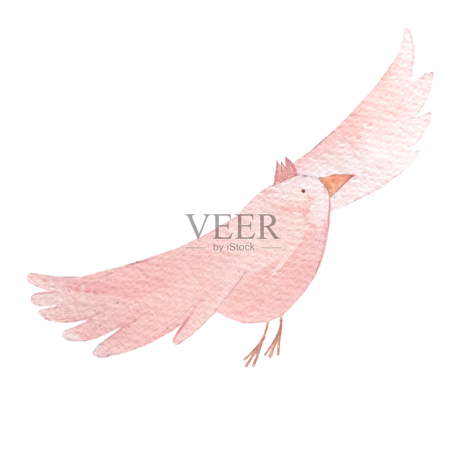 粉红色的小鸡飞翔，卡通风格的人物，手绘水彩孤立在白色。高质量的插图伟大的儿童设计，壁纸，海报，纺织品，笔记本，卡片，手提袋，图案插画图片素材