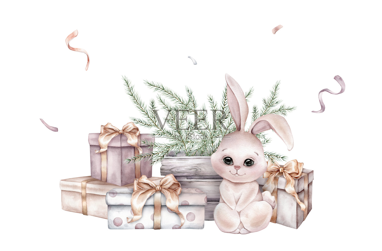 水彩画和圣诞礼物堆叠。兔宝宝、新年礼物和树枝。手绘插图兔子和礼盒与点波尔卡孤立的背景和彩带插画图片素材