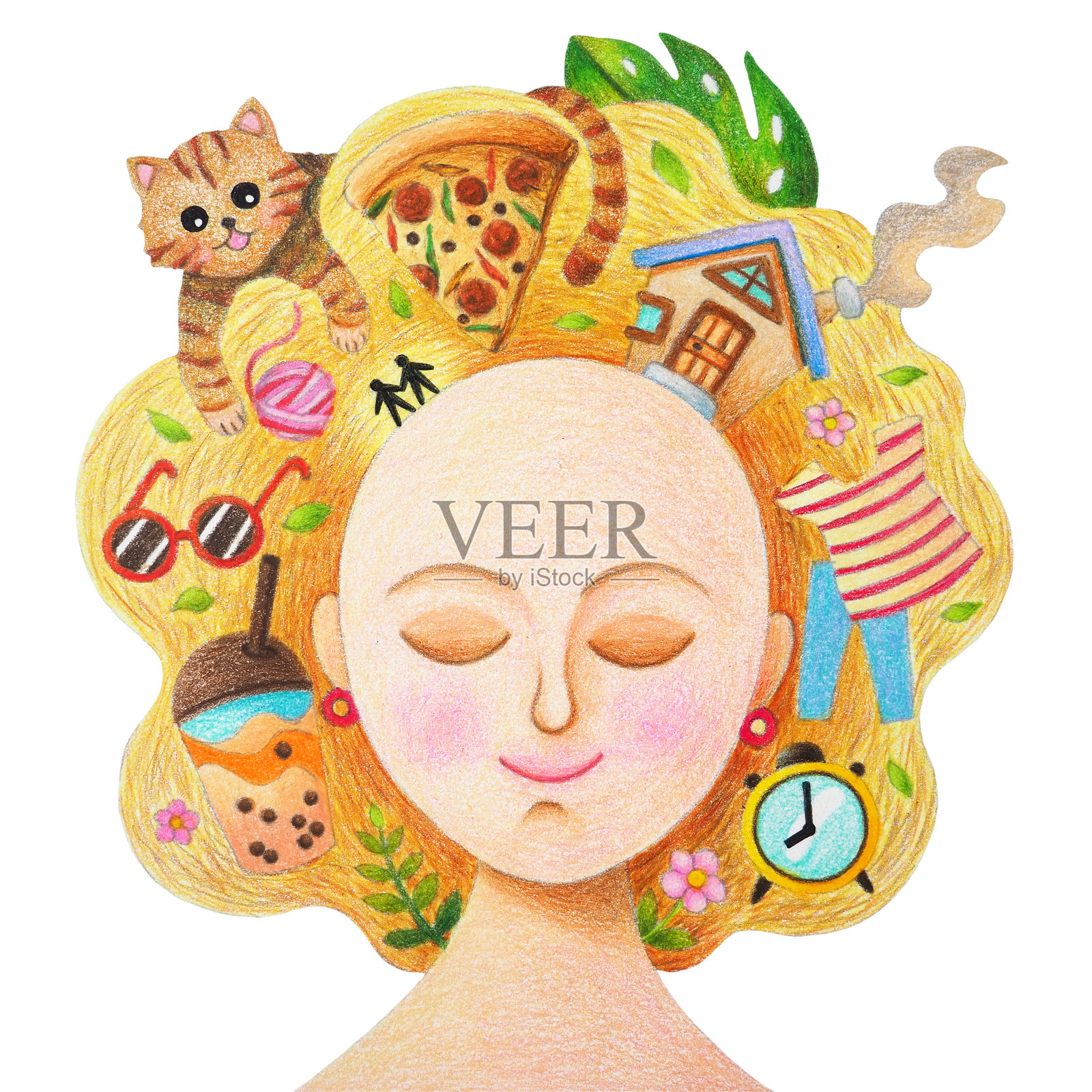 女人人体头部意识想象记忆成长脑力想法头脑心理健康精神宇宙概念平静在混乱呼吸治愈艺术插图水彩画拼贴设计插画图片素材