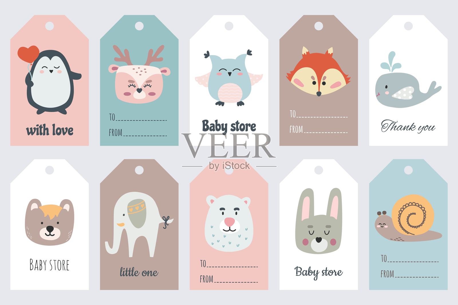 有动物和手写字母的大型礼品标签插画图片素材