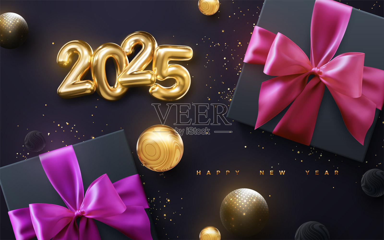 黑色礼盒，粉红色的蝴蝶结和金色的闪光插画图片素材