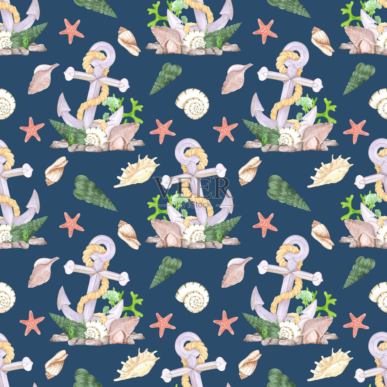 手绘水彩锚和贝壳无缝图案隔离在深蓝色的背景。海洋插图可用于纺织、织物、包装等印刷品。插画图片素材