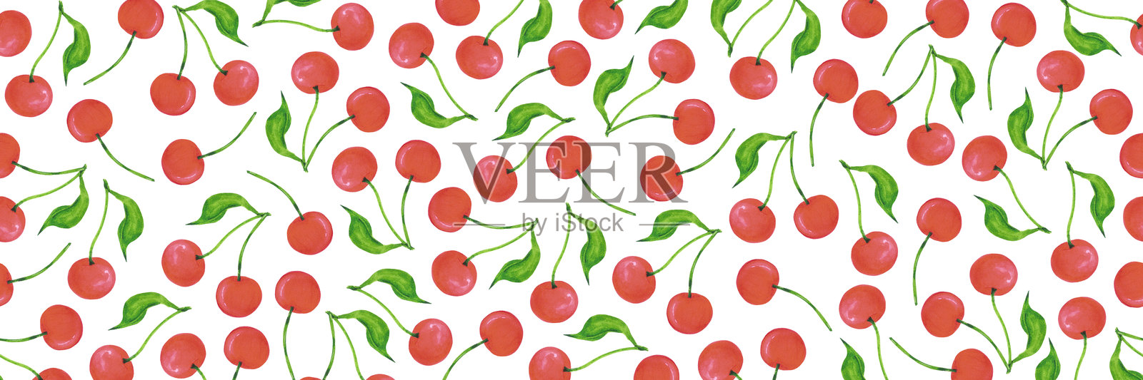 手绘水彩成熟樱桃无缝边界隔离在白色背景。可用于纺织、布艺、剪贴簿等印刷品。插画图片素材