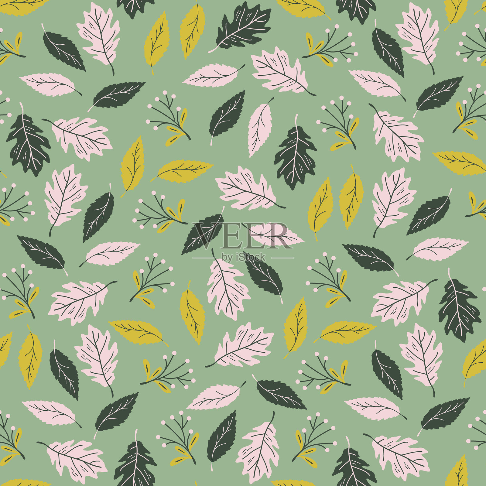 秋天公园无缝图案鼠尾草绿色背景。秋天的背景与树叶和树枝。树叶装饰墙纸，包装纸，纺织品，网页，贺卡。矢量插图。插画图片素材